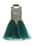 Girls Hunter Green Gold Trim Wire Tulle Flower Girl Junior Bridesmaid Dress 4-20